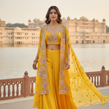 Mustard Organza Crop Top And Palazzo Set