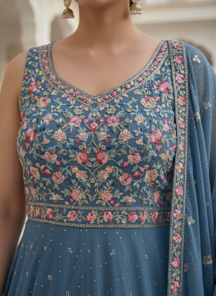 Ice Blue Chinnon Hand Embroidered Anarkali Set
