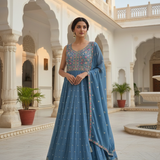 Ice Blue Chinnon Hand Embroidered Anarkali Set
