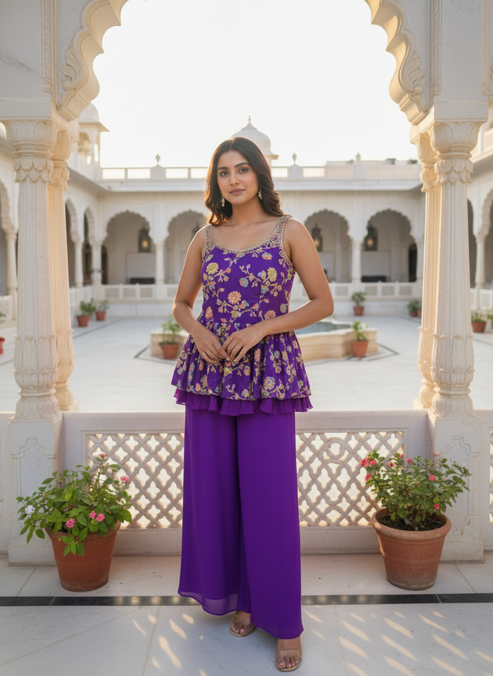 Purple Georgette Embroidery Kurti And Palazoo Set