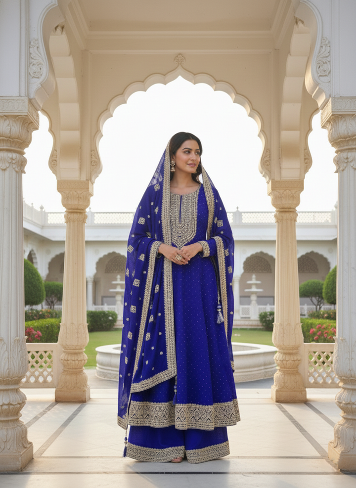 Royal Blue Silk Heavy Zari Embroidery Anarkali Set