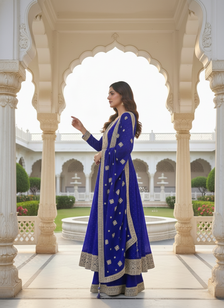 Royal Blue Silk Heavy Zari Embroidery Anarkali Set