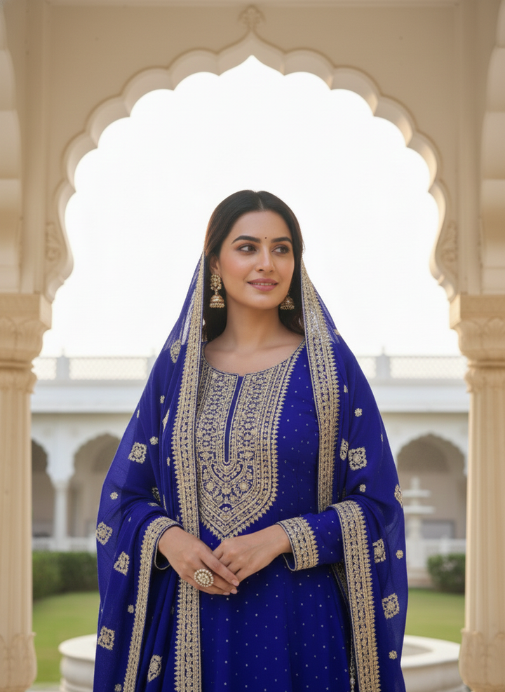 Royal Blue Silk Heavy Zari Embroidery Anarkali Set