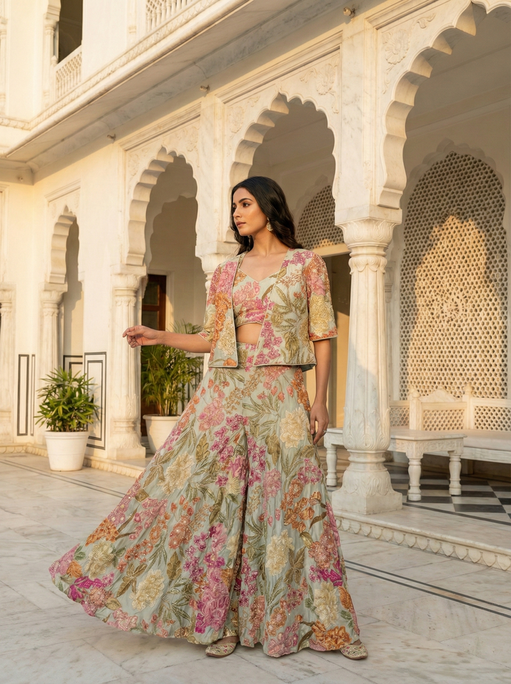 Neerus Beige Banarasi embellished suit set - front view