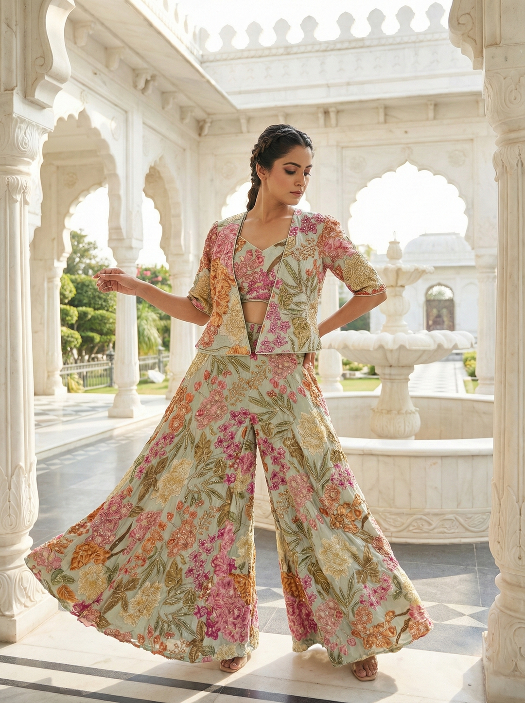 Neerus Beige Banarasi embellished suit set - side view