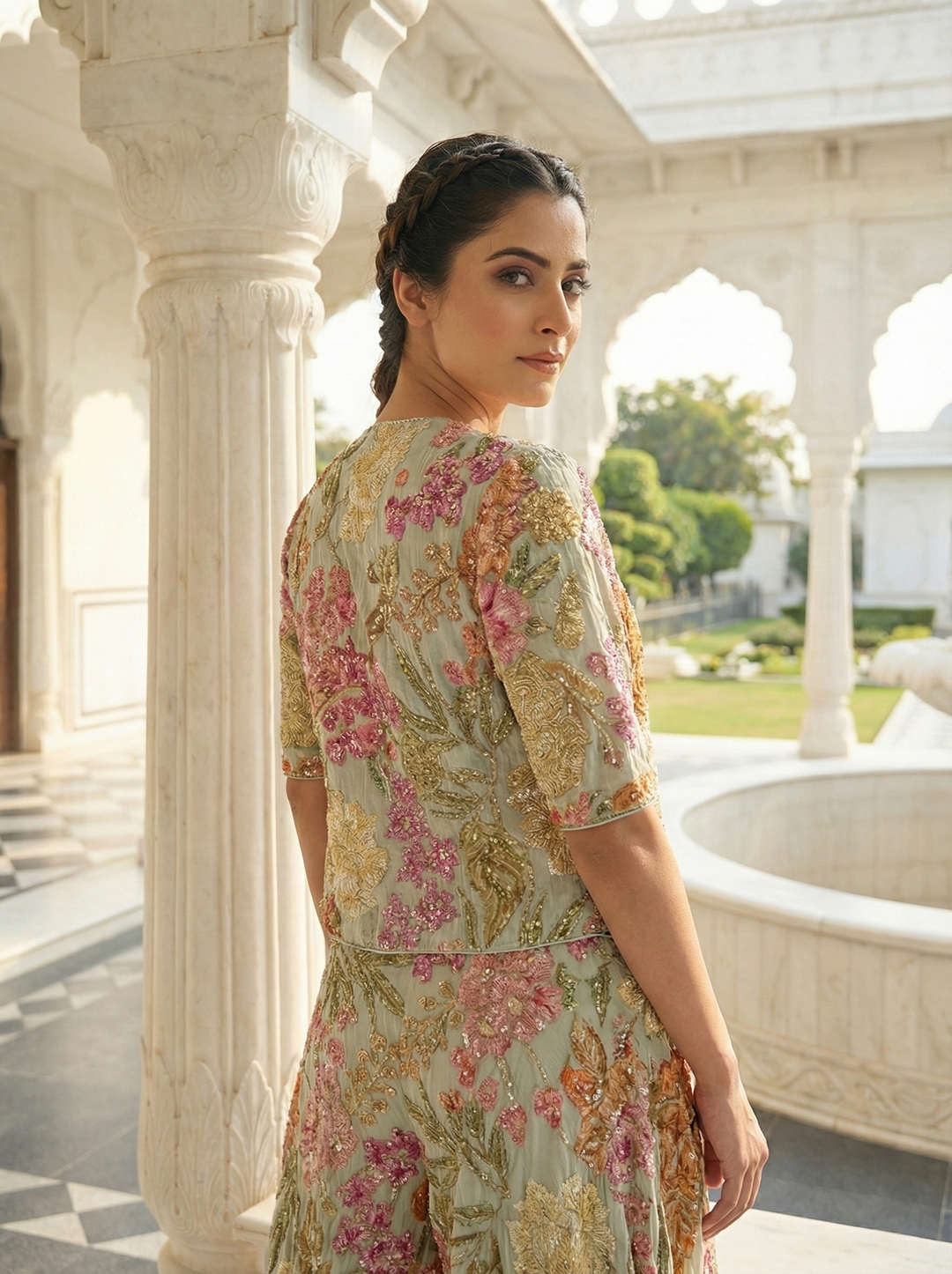 Neerus Beige Banarasi embellished suit set - back view