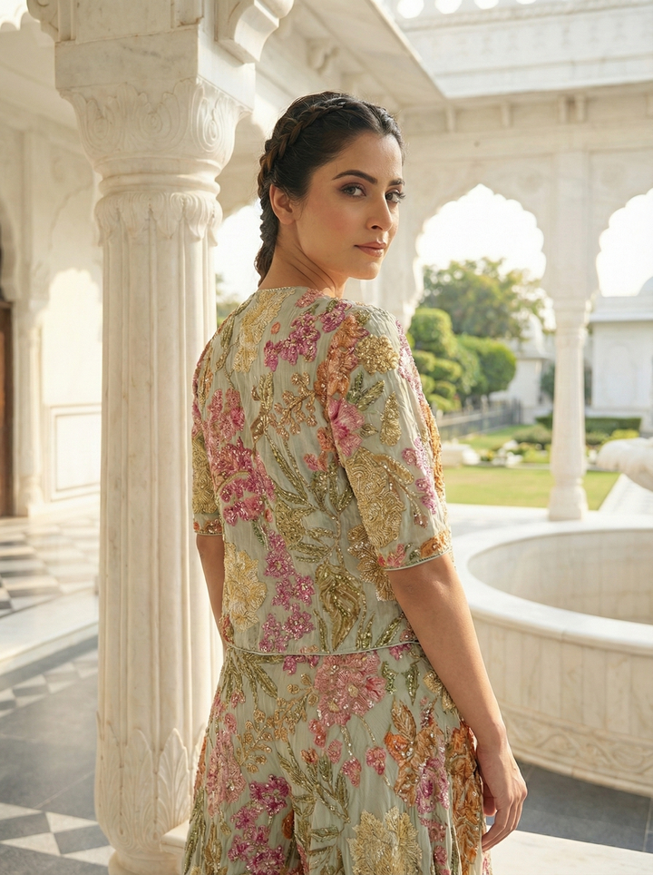 Neerus Beige Banarasi embellished suit set - back view