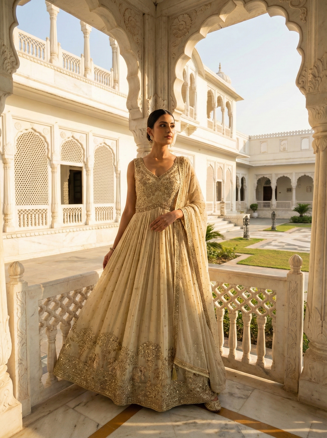 Neerus Beige tissue embroidered Anarkali suit set - front view