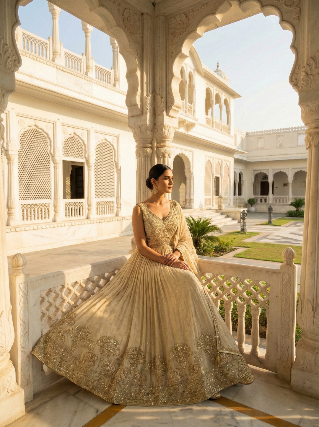 Neerus Beige tissue embroidered Anarkali suit set - back view
