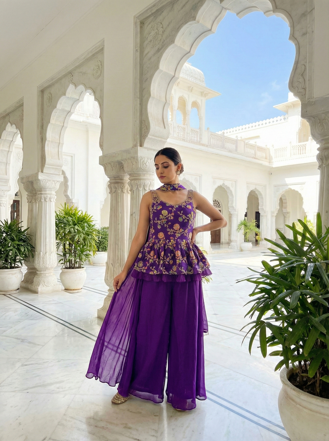 Neerus Purple georgette embroidered suit set - front view