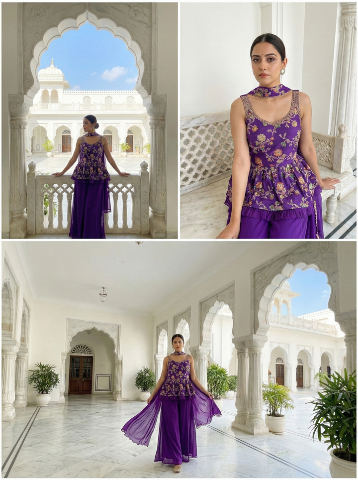Purple Georgette Floral Embroidered Kurti And Palazoo Set