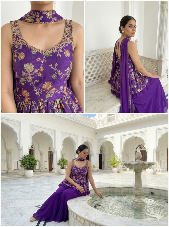 Neerus Purple georgette embroidered suit set - detail view 1