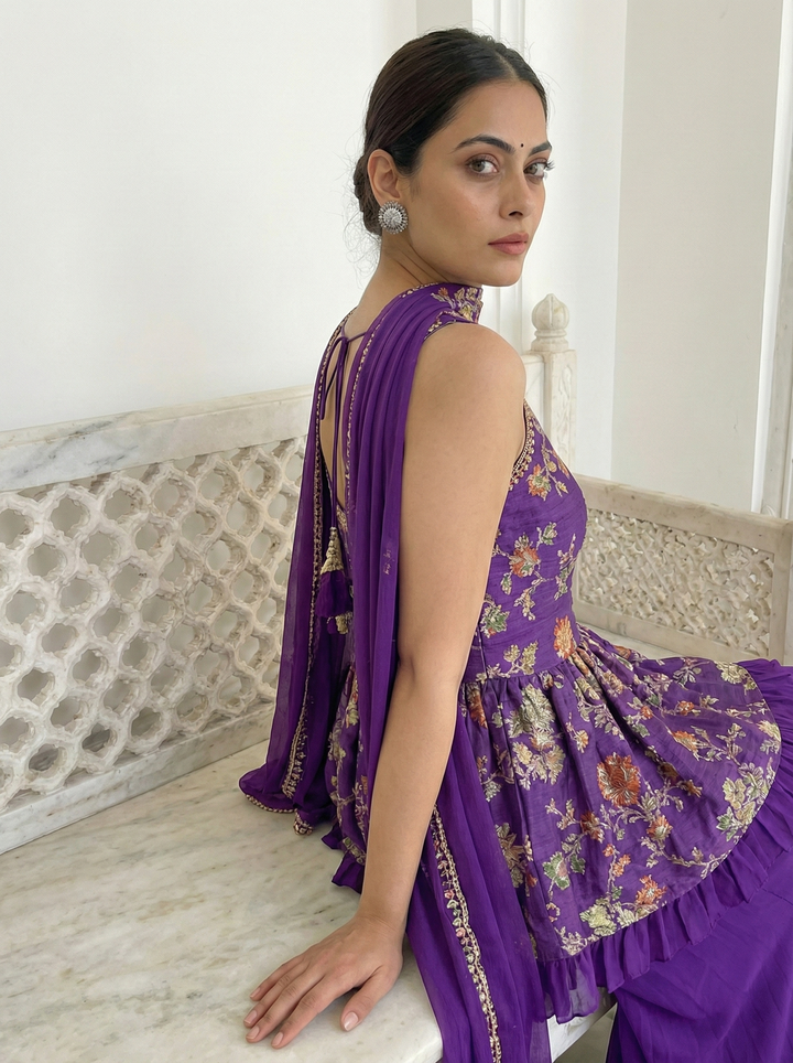 Neerus Purple georgette embroidered suit set - side view