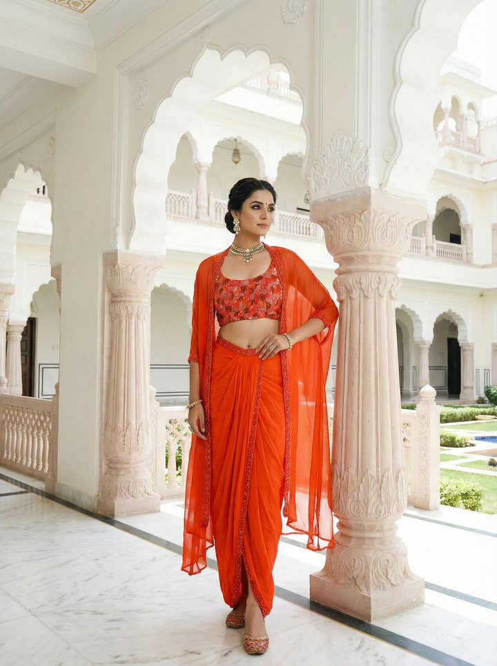 Neerus Orange crepe hand embroidered co-ord set blouse with dhoti - front view
