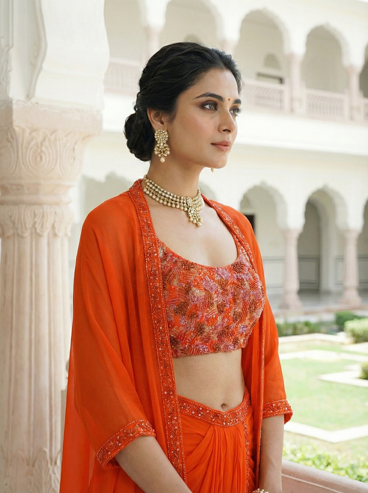 Neerus Orange crepe hand embroidered co-ord set blouse with dhoti - back view