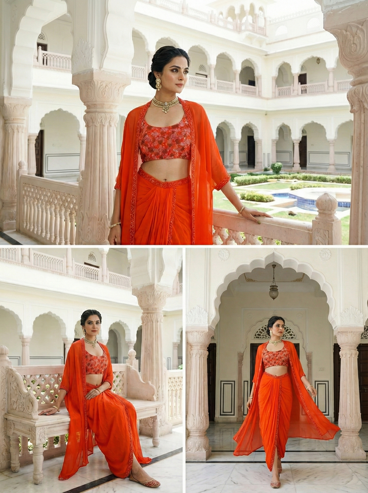 Neerus Orange crepe hand embroidered co-ord set blouse with dhoti - side view
