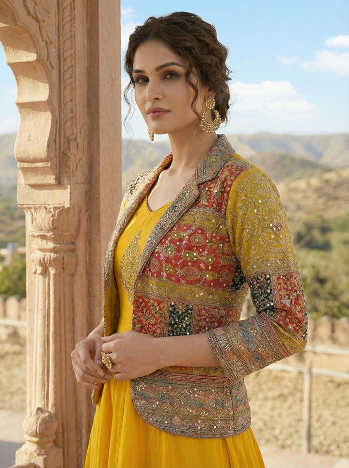 Yellow Georgette Embroidered Jacket Anarkali Set