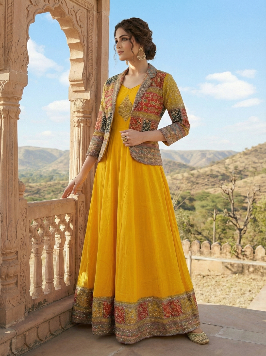 Neerus Yellow Georgette Embroidered Anarkali Suit Set - side view