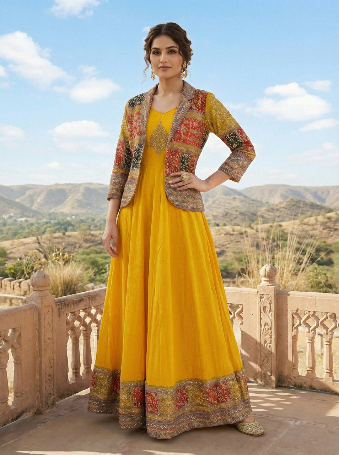 Neerus Yellow Georgette Embroidered Anarkali Suit Set - front view