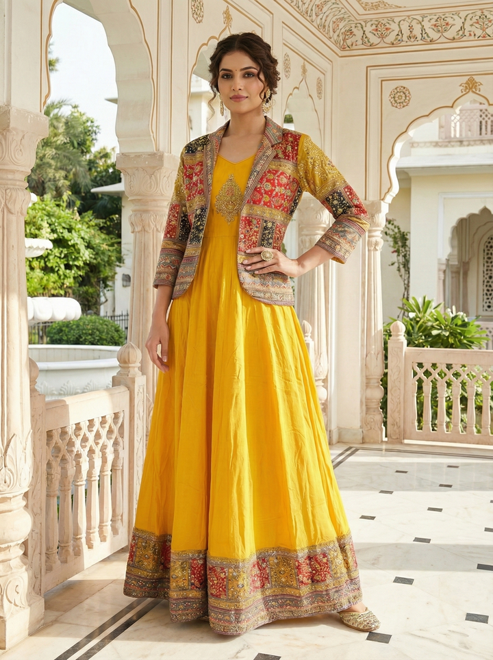 Neerus Yellow Georgette Embroidered Anarkali Suit Set - detail view 1