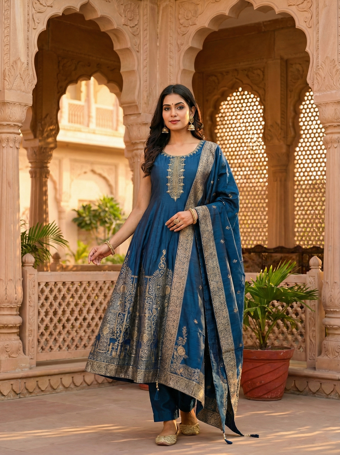 Neerus Blue silk digital printed suit set - front view