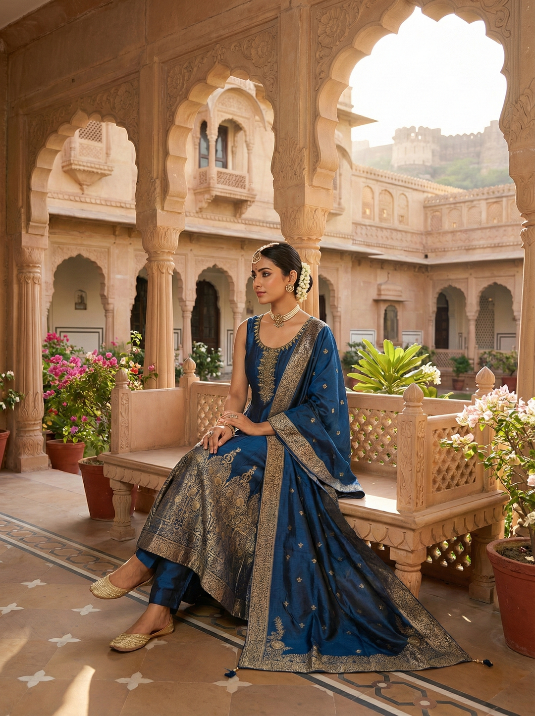 Neerus Blue silk digital printed suit set - back view