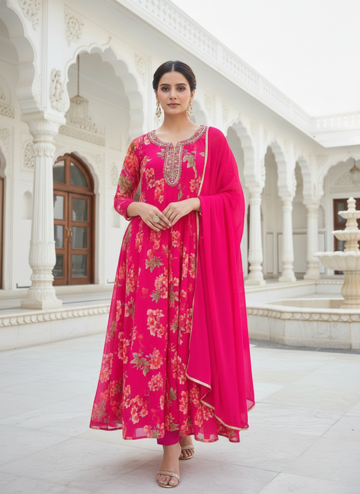 Rani Pink Tissue Floral Digital Printed Three Piece Suit Set