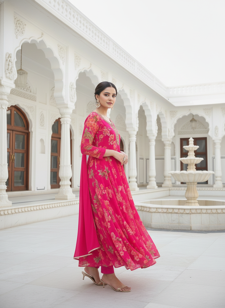 Rani Pink Tissue Floral Digital Printed Three Piece Suit Set