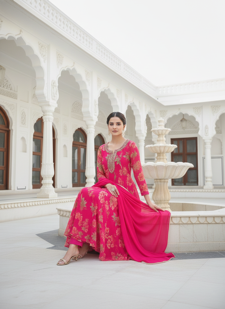 Rani Pink Tissue Floral Digital Printed Three Piece Suit Set