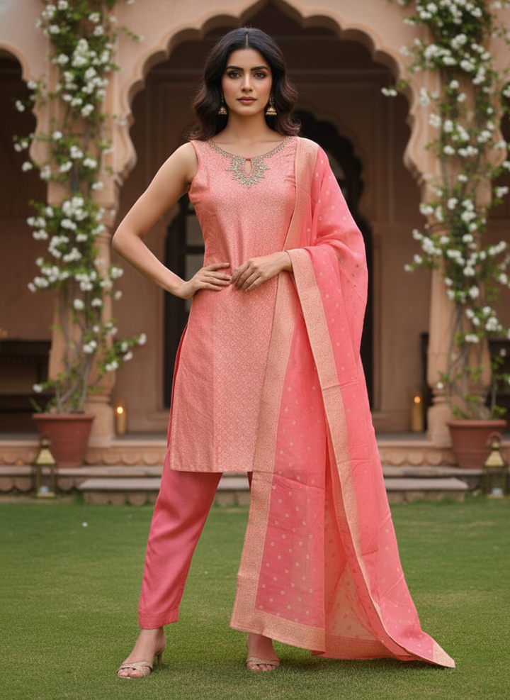 Peach Banaras Embroidery Suit Set