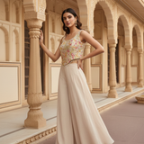 Beige Tissue Floral And Sequins Crop Top And Palazzo Set