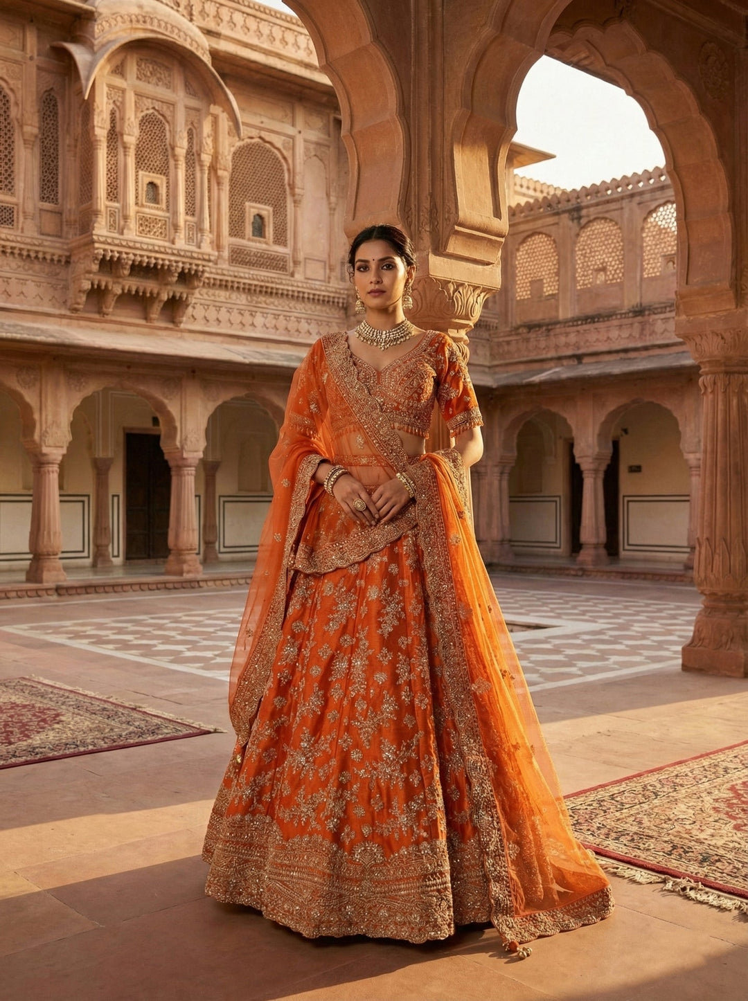 Neerus Orange silk embroidered lehenga set - front view