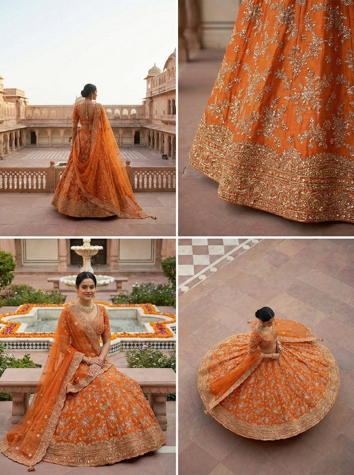 Neerus Orange silk embroidered lehenga set - back view