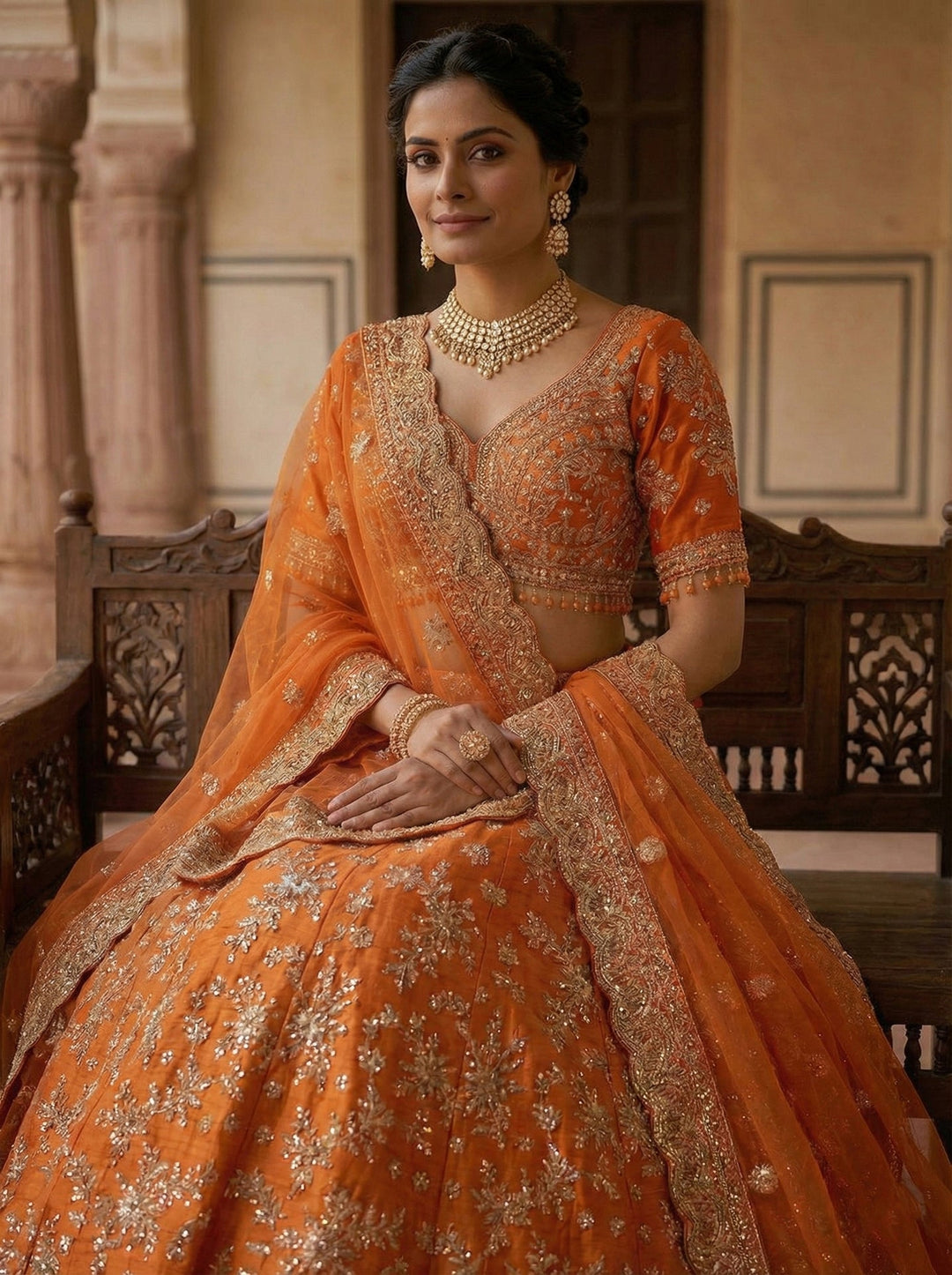 Neerus Orange silk embroidered lehenga set - side view