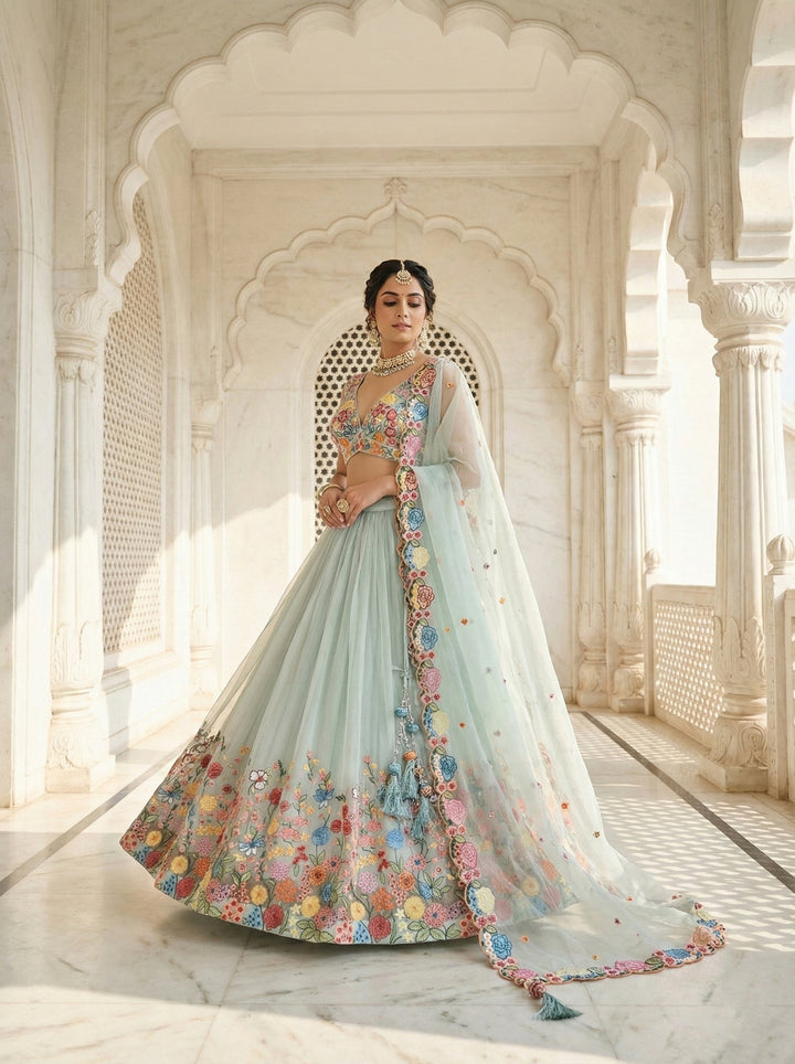 Neerus Green organza hand embroidered lehenga set - front view