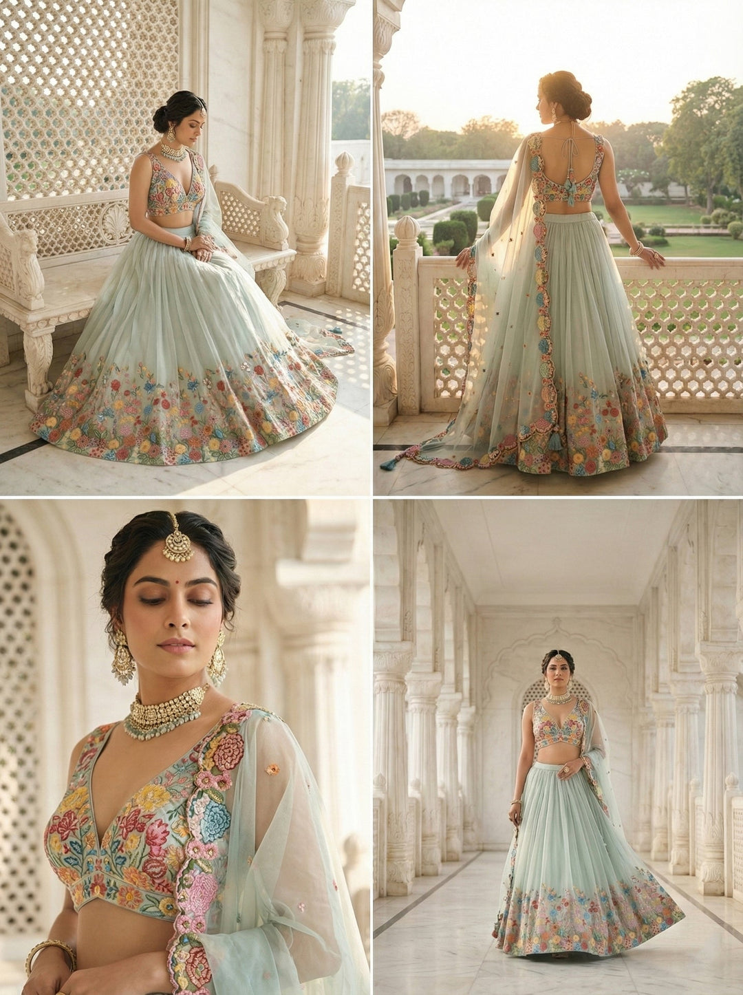Neerus Green organza hand embroidered lehenga set - back view