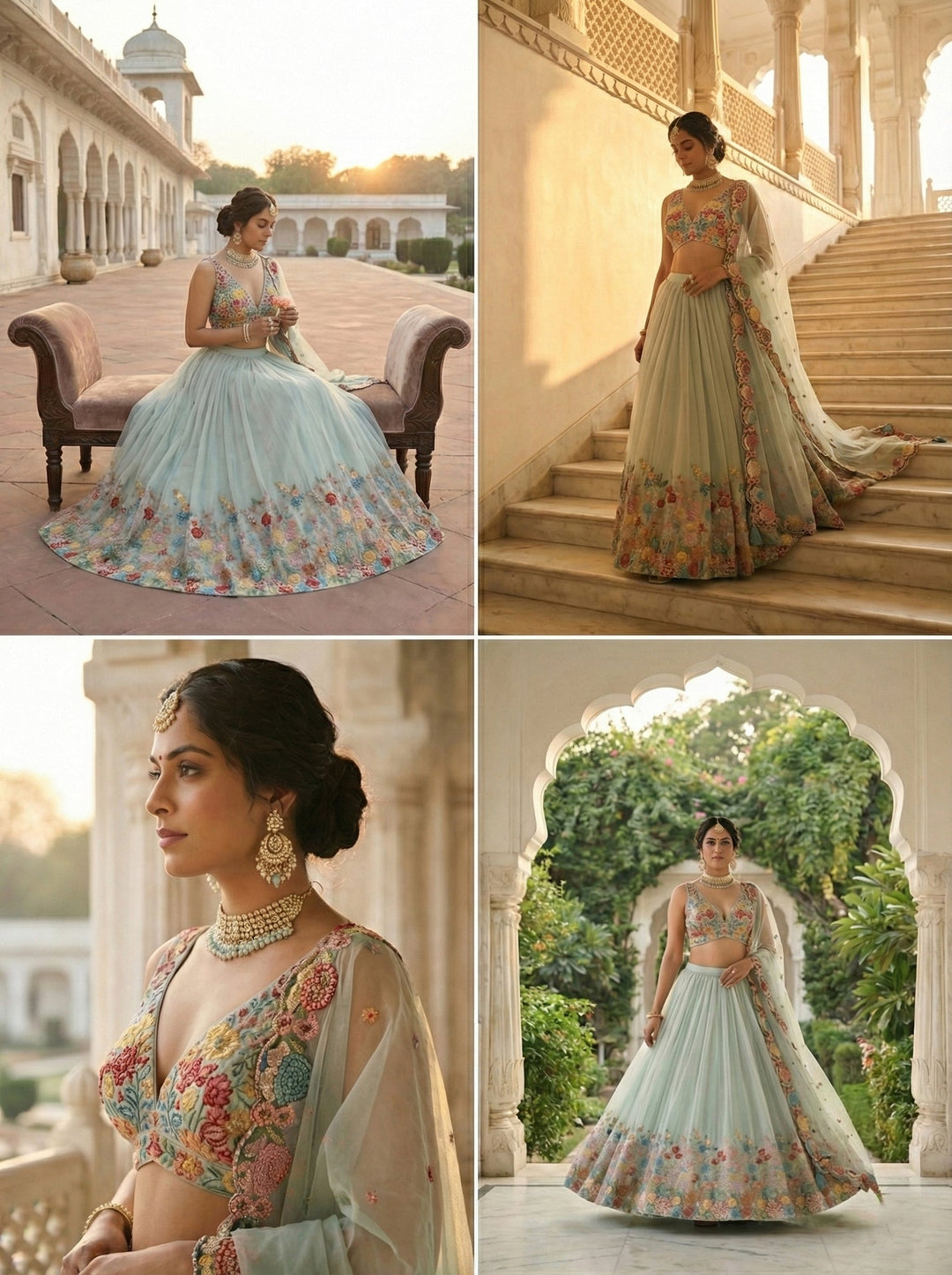 Neerus Green organza hand embroidered lehenga set - side view