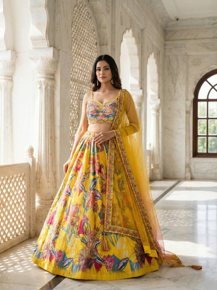 Neerus Yellow silk printed lehenga set - front view