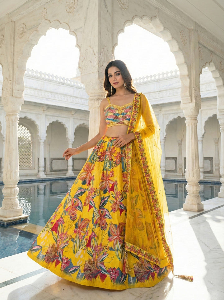 Neerus Yellow silk printed lehenga set - back view