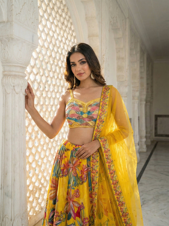 Neerus Yellow silk printed lehenga set - detail view 1