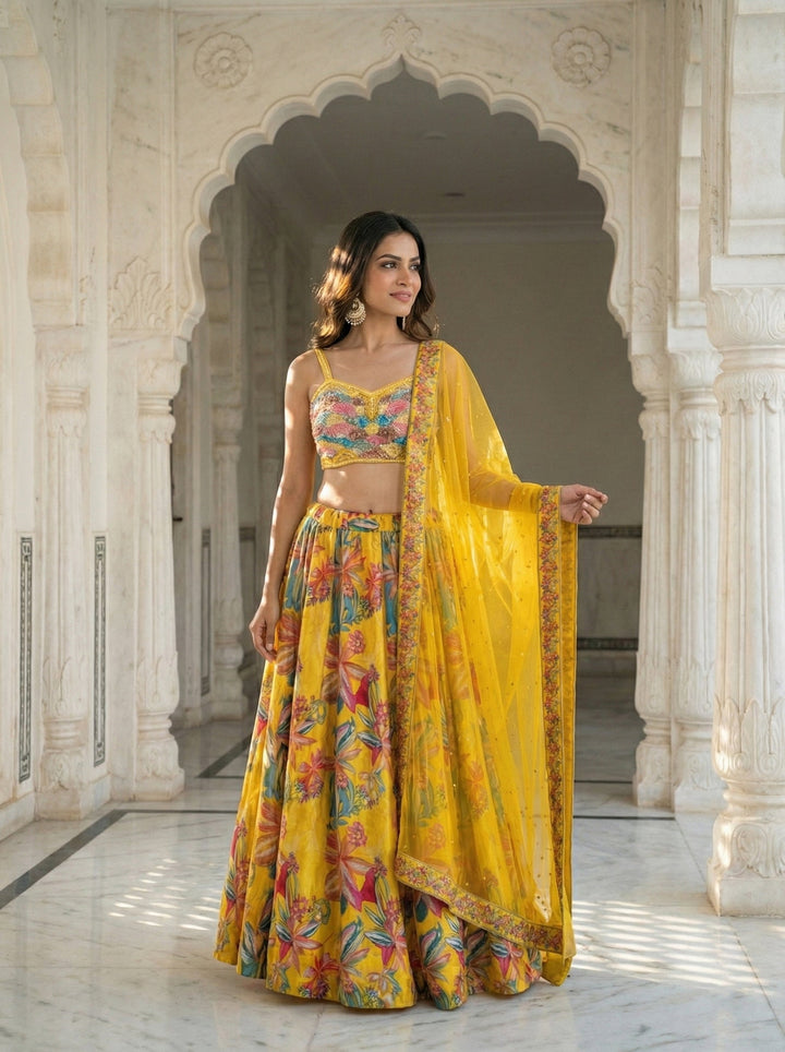 Neerus Yellow silk printed lehenga set - side view