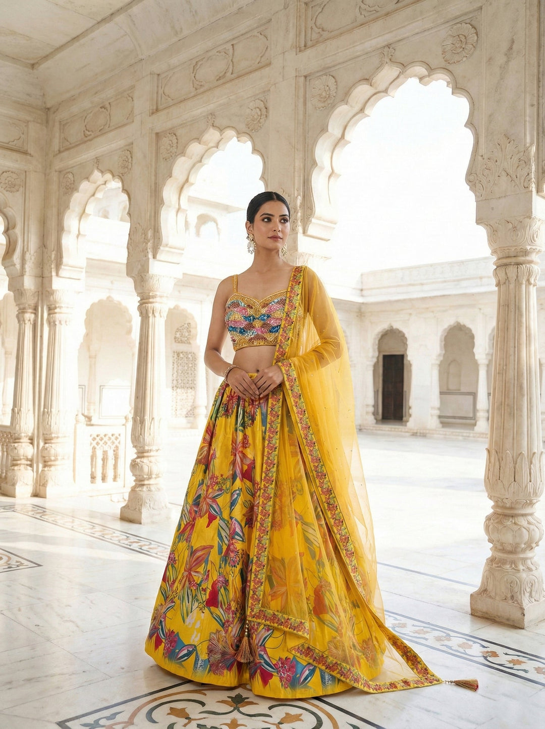 Neerus Yellow silk printed lehenga set - detail view 2