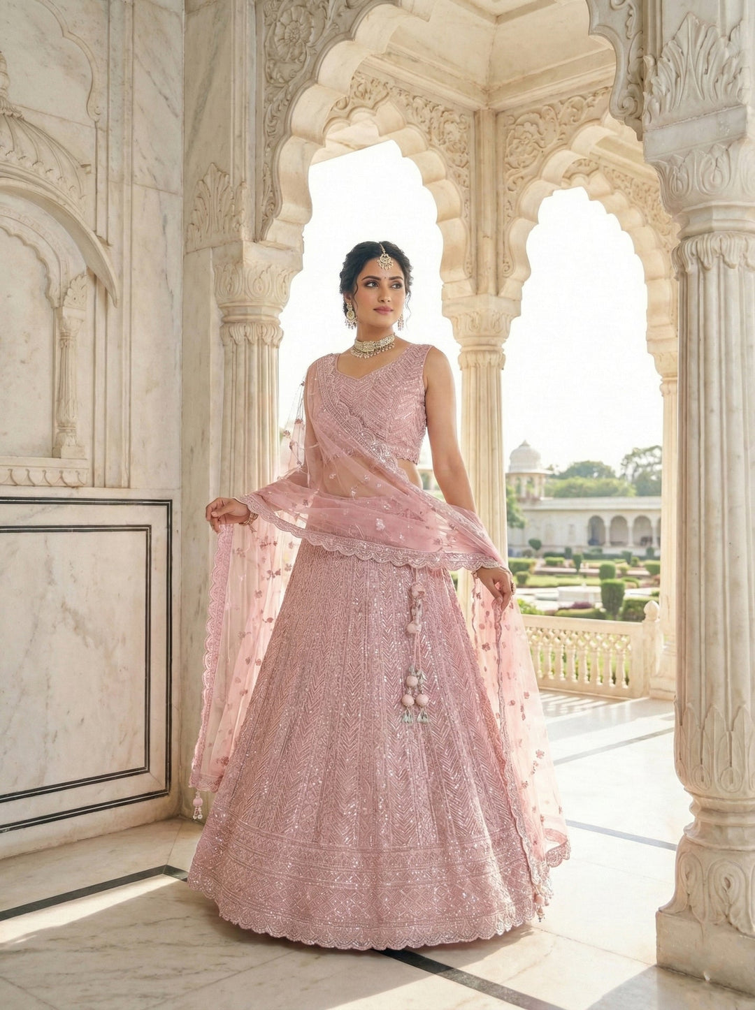 Neerus Pink net embellished lehenga set - back view