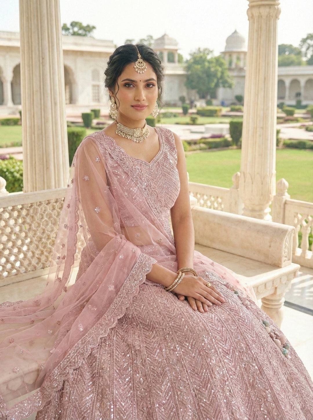 Neerus Pink net embellished lehenga set - side view