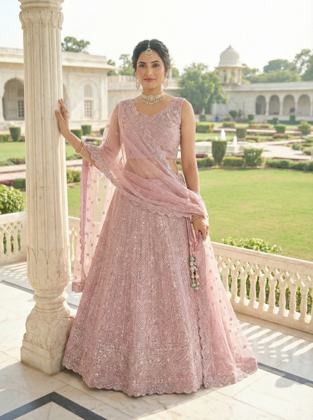 Neerus Pink net embellished lehenga set - front view