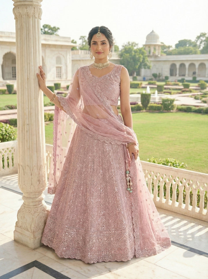 Neerus Pink net embellished lehenga set - front view
