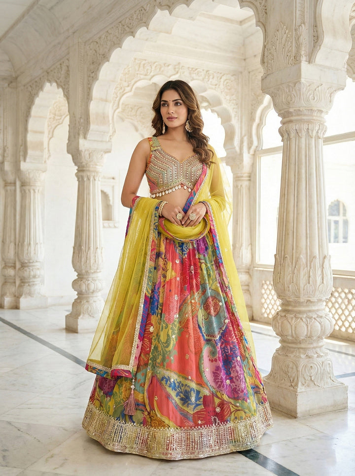 Neerus Green georgette mirror work lehenga set - front view