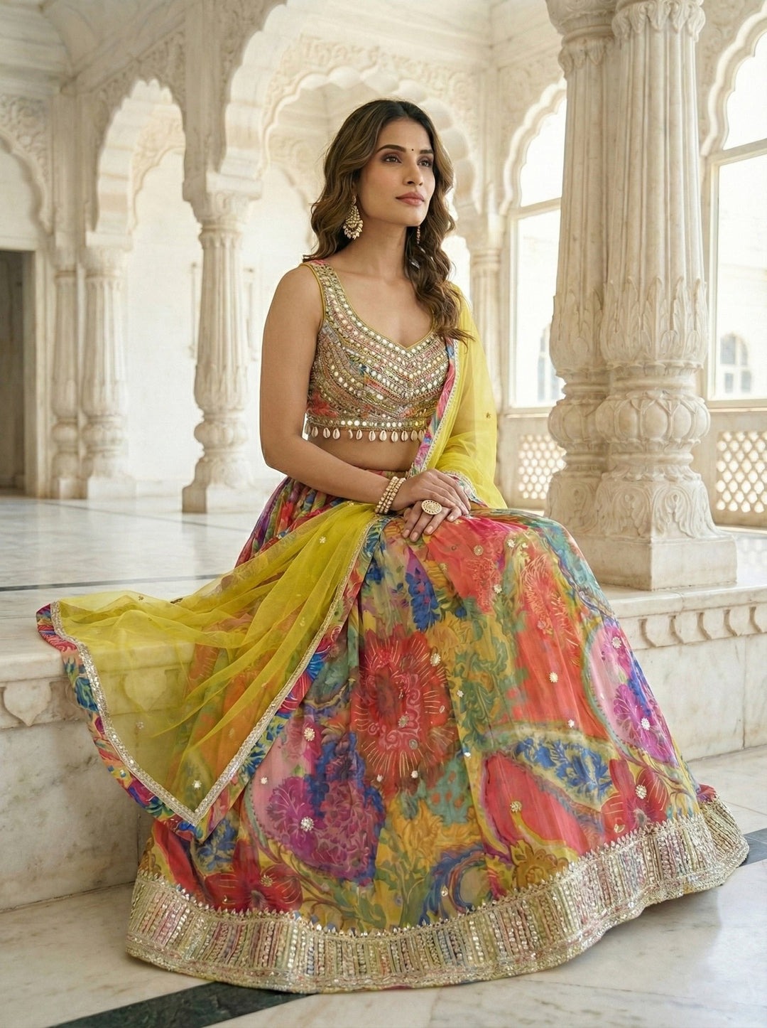 Neerus Green georgette mirror work lehenga set - back view
