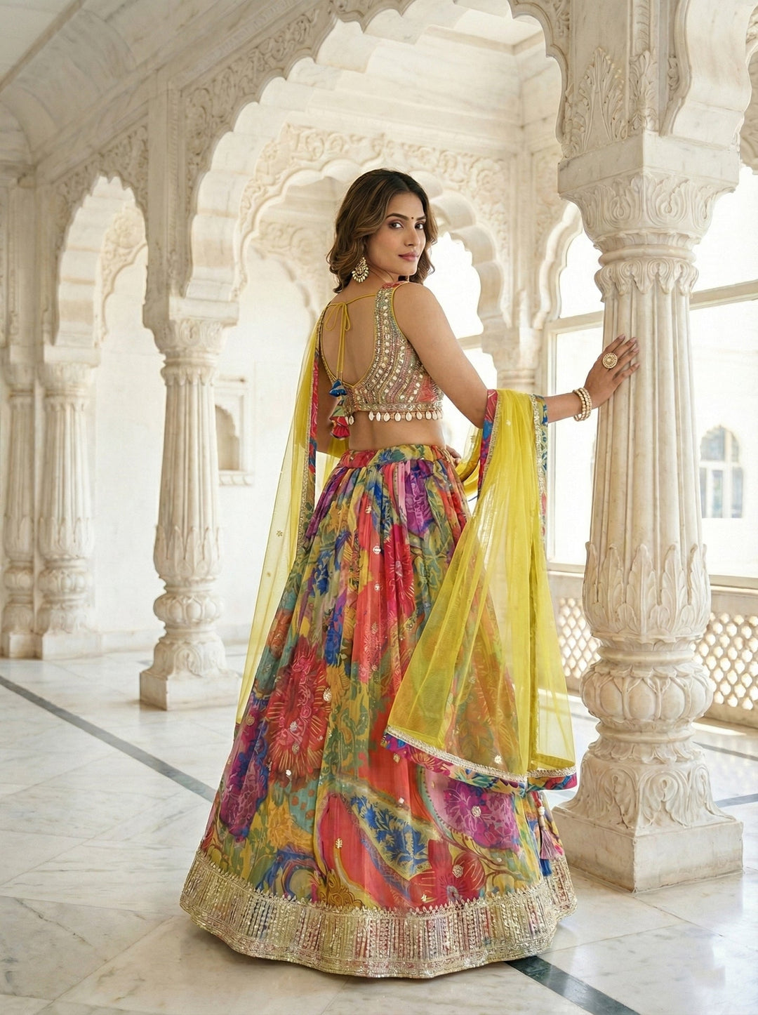 Neerus Green georgette mirror work lehenga set - side view