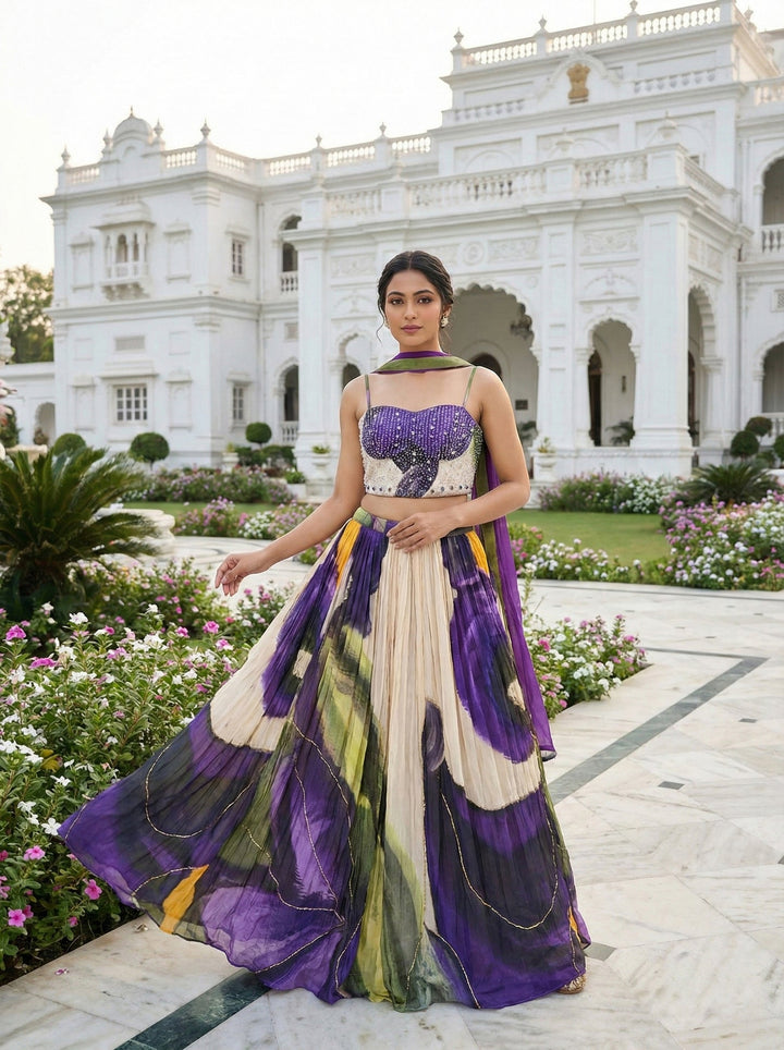 Neerus Purple Chinon embellished lehenga set - front view